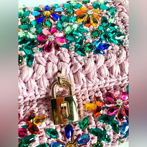 DOLCE & GABBANA MISS DOLCE PINK RAFFIA CRYSTAL LEATHER HANDBAG - Picture 2 of 14